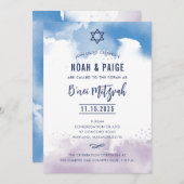 B'NEI MITZVAH script blauw & paarse waterverf 2 Kaart (Voorkant / Achterkant)