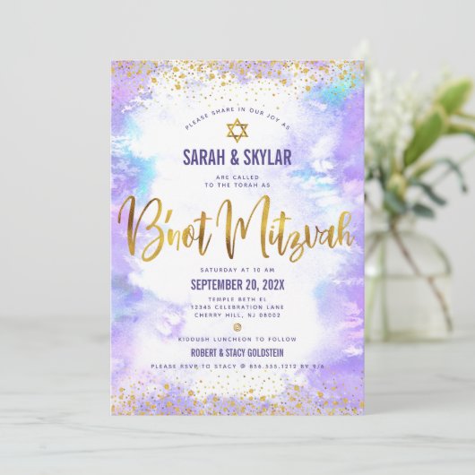B'not Mitzvah Modern Gold Foil Paarse Waterverf Kaart (Staand voorkant)