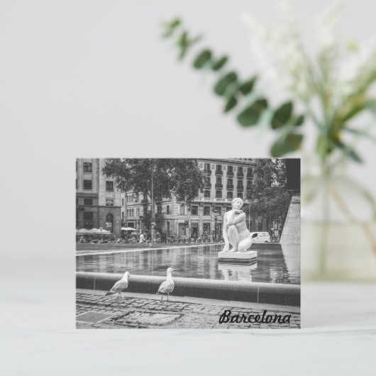 BnW fontein Plaça de Catalunya, Barcelona Briefkaart (Staand voorkant)