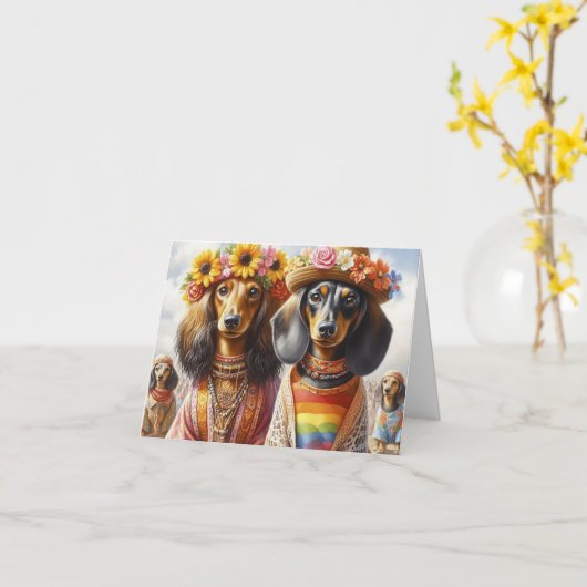 Bo Ho Dachshund Hippie Kaart (Gele Bloem)