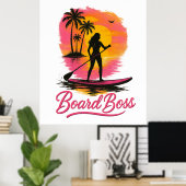 Board Boss SUP Meisje Retro Zonsondergang Poster (Thuiskantoor)
