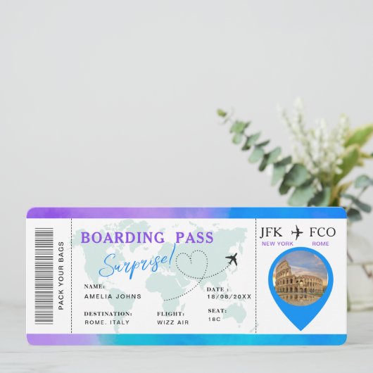 Boarding Pass Airline Ticket Verrassingsreis Kaart (Staand voorkant)