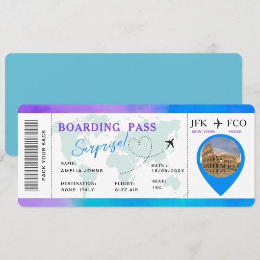 Boarding Pass Airline Ticket Verrassingsreis Kaart (Voorkant / Achterkant)