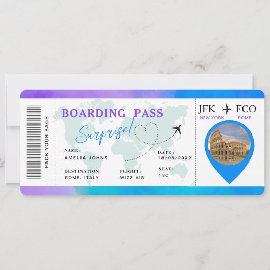 Boarding Pass Airline Ticket Verrassingsreis Kaart (Voorkant)