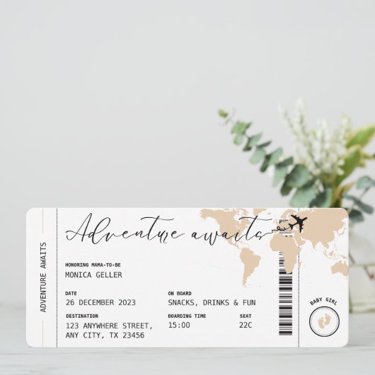 Boarding pass avontuur wacht op beige Baby shower Kaart (Staand voorkant)