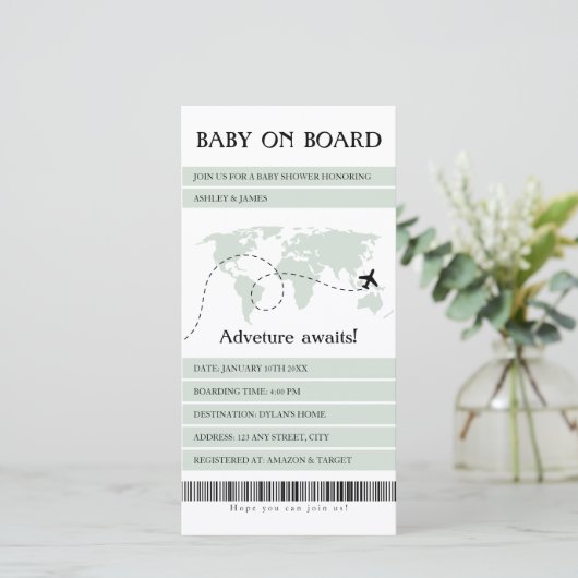 Boarding Pass Baby Aan boord Reizen Baby shower Feestdagenkaart (Staand voorkant)