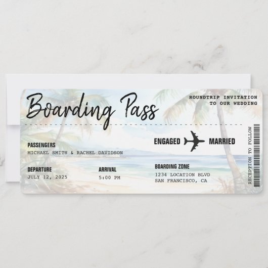 Boarding Pass Beach Palm Tree Destination Wedding Kaart (Voorkant)