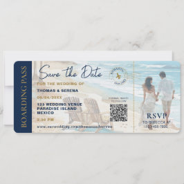 Boarding Pass Beach Save The Date QR Code Wedding Kaart
