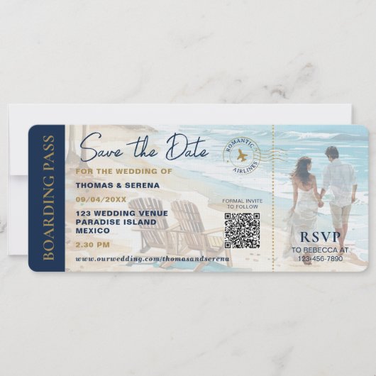 Boarding Pass Beach Save The Date QR Code Wedding Kaart (Voorkant)
