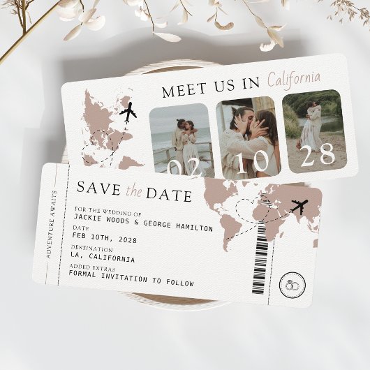 Boarding Pass Beige Neutraal 3 foto's Huwelijk Save The Date