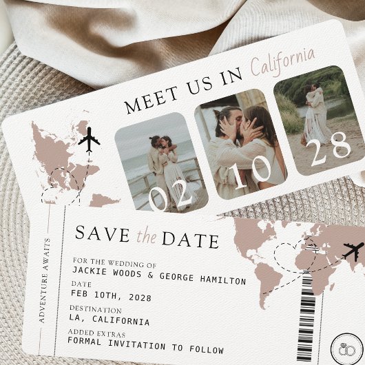 Boarding Pass Beige Neutraal 3 foto's Huwelijk Save The Date