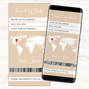Boarding Pass Bestemming Beige Wit Wereldkaart Save The Date