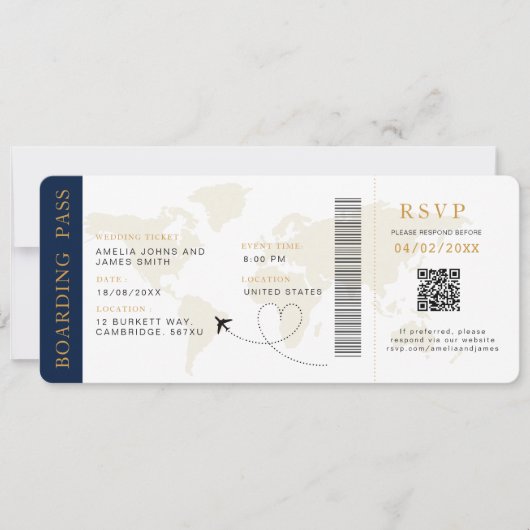 Boarding Pass Bestemming bruiloft QR code Rsvp Kaart (Voorkant)