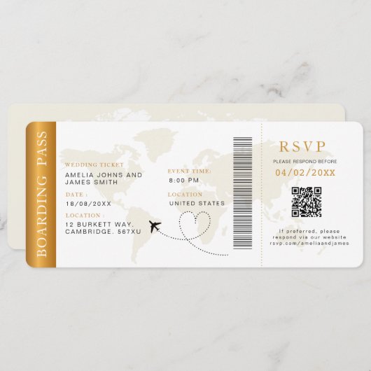 Boarding Pass Bestemming bruiloft QR code Rsvp Kaart (Voorkant / Achterkant)