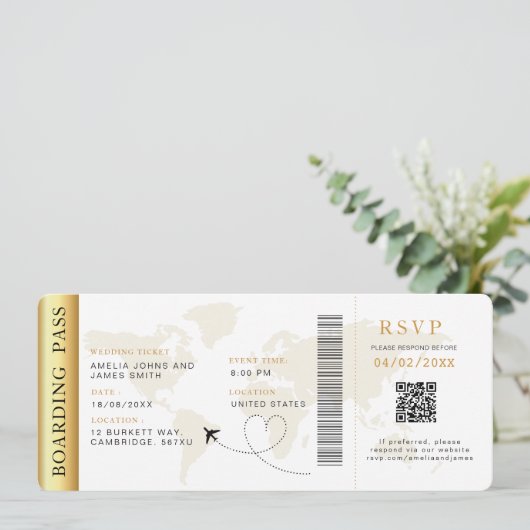 Boarding Pass Bestemming bruiloft QR code Rsvp Kaart (Staand voorkant)