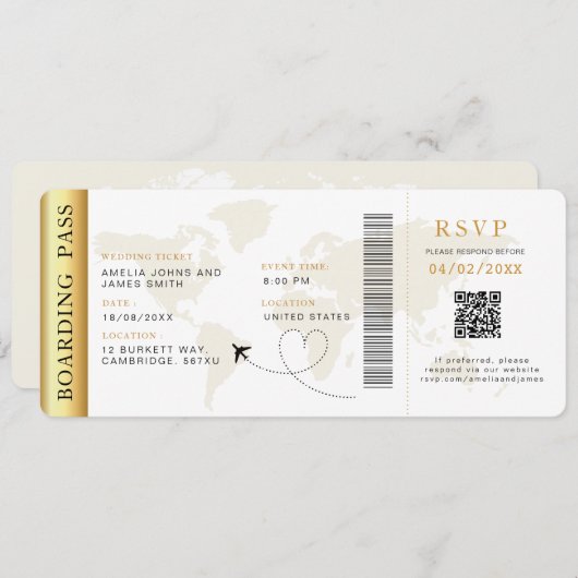 Boarding Pass Bestemming bruiloft QR code Rsvp Kaart (Voorkant / Achterkant)