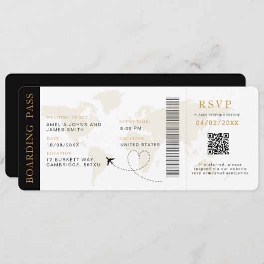 Boarding Pass Bestemming bruiloft QR code Rsvp Kaart (Voorkant / Achterkant)