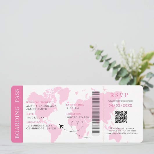 Boarding Pass Bestemming bruiloft QR code Rsvp Kaart (Staand voorkant)