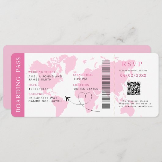 Boarding Pass Bestemming bruiloft QR code Rsvp Kaart (Voorkant / Achterkant)