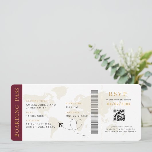 Boarding Pass Bestemming bruiloft QR code Rsvp Kaart (Staand voorkant)