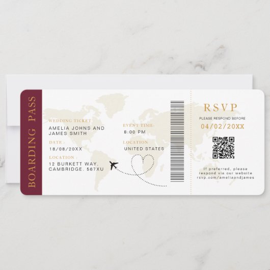 Boarding Pass Bestemming bruiloft QR code Rsvp Kaart (Voorkant)