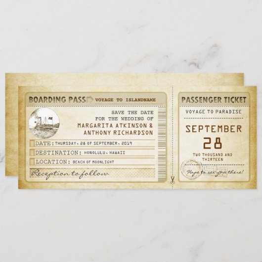 Boarding Pass Bewaar de datum tickets met het schi Save The Date (Voorkant / Achterkant)
