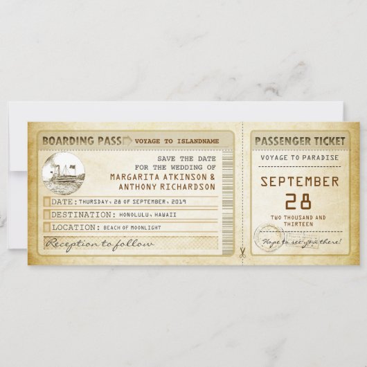 Boarding Pass Bewaar de datum tickets met het schi Save The Date (Voorkant)