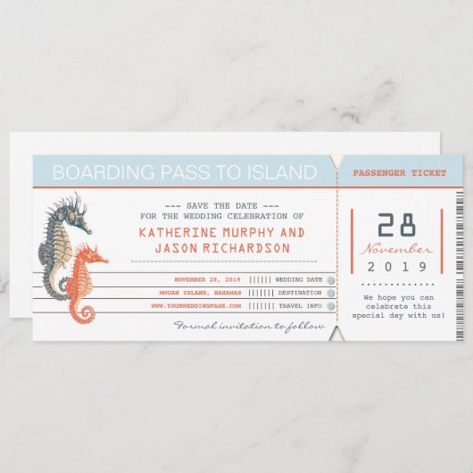 Boarding Pass Bewaar de datum tickets met zeepaard Save The Date (Voorkant / Achterkant)