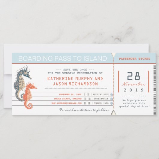 Boarding Pass Bewaar de datum tickets met zeepaard Save The Date (Voorkant)