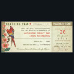 Boarding Pass Bewaar de datum tickets Save The Date<br><div class="desc">Sla de datum vliegticket - instapkaart met twee schattige papegaaien en tropische strandbloemen</div>