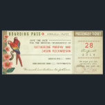 Boarding Pass Bewaar de datum tickets Save The Date<br><div class="desc">Sla de datum vliegticket - instapkaart met twee schattige papegaaien en tropische strandbloemen</div>