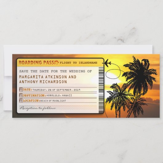 Boarding Pass Bewaar de datumtickets bij zonsonder Save The Date (Voorkant)