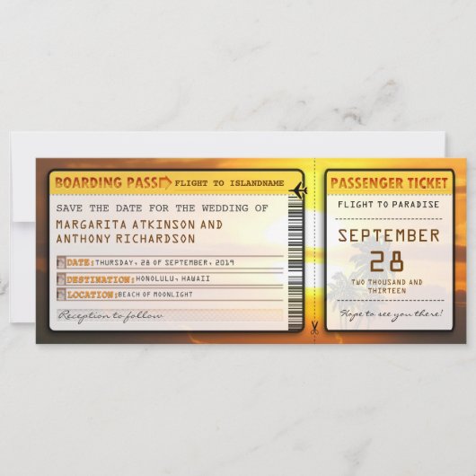 Boarding Pass Bewaar de datumtickets bij zonsonder Save The Date (Voorkant)