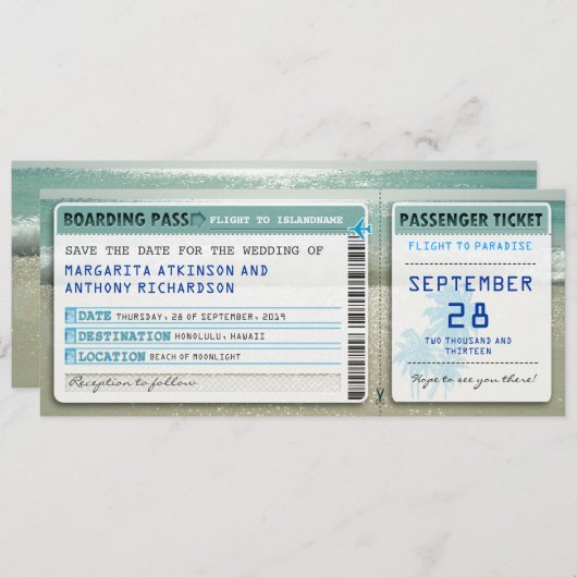 Boarding Pass Bewaar de datumtickets met zee Waves Save The Date (Voorkant / Achterkant)