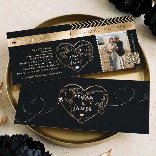 Boarding Pass Black Gold Wedding Save The Date Kaart