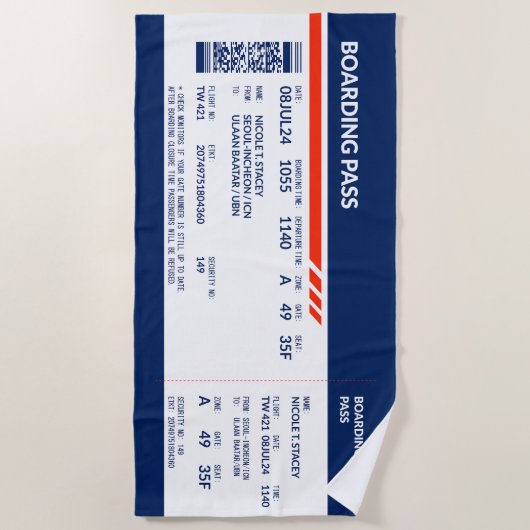 Boarding Pass - Blauw & Rood Strandlaken (Voorkant)