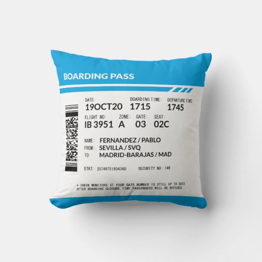 Boarding Pass (blue) Kussen (Voorkant)