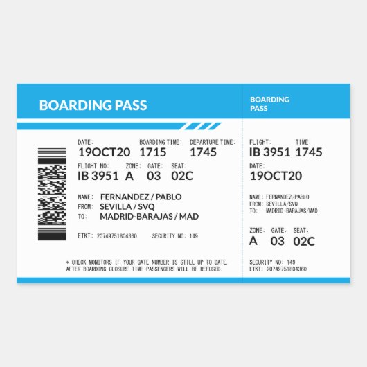 Boarding Pass (blue) Rechthoekige Sticker (Voorkant)
