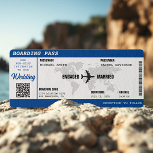 Boarding Pass Blue Wereldkaart Destination Wedding Kaart