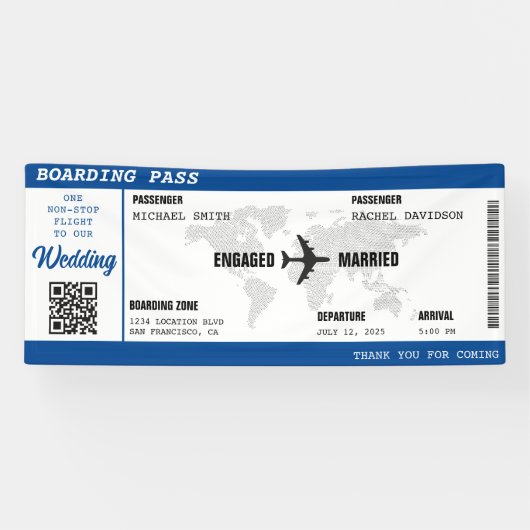 Boarding Pass Blue Wereldkaart Destination Wedding Spandoek (Horizontaal)