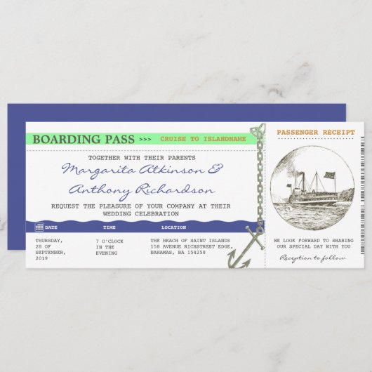 Boarding Pass Cruise Wedding - Navy & Mint Kaart (Voorkant / Achterkant)