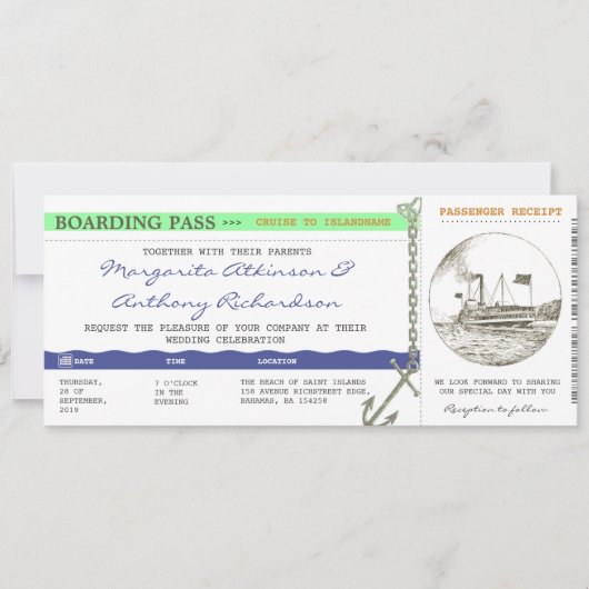 Boarding Pass Cruise Wedding - Navy & Mint Kaart (Voorkant)