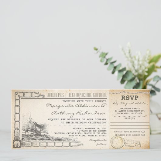 Boarding Pass Cruise Wedding Uitnodigingen met RSV (Staand voorkant)