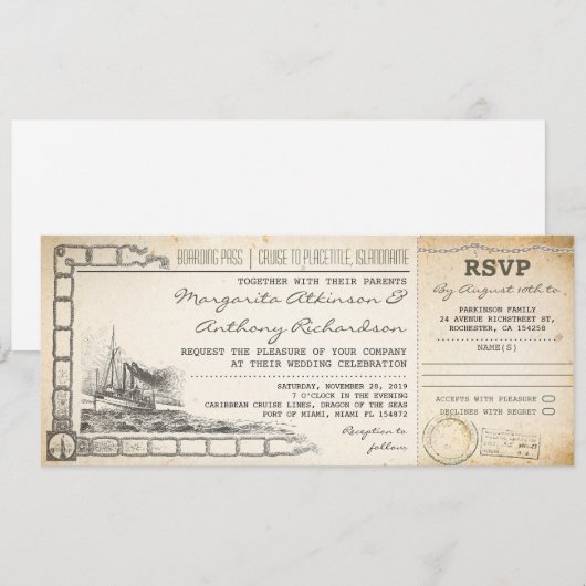 Boarding Pass Cruise Wedding Uitnodigingen met RSV (Voorkant / Achterkant)