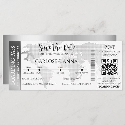 Boarding Pass Destination Wedding QR code grijs Kaart (Voorkant / Achterkant)