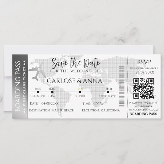 Boarding Pass Destination Wedding QR code grijs Kaart (Voorkant)