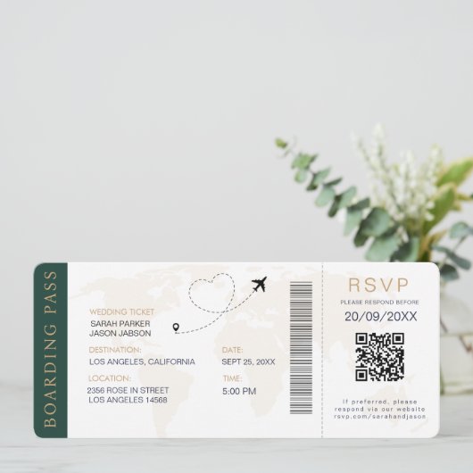Boarding Pass Destination Wedding QR-code RSVP Kaart (Staand voorkant)