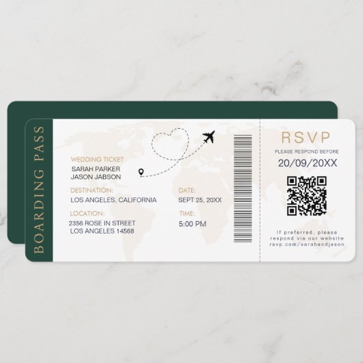 Boarding Pass Destination Wedding QR-code RSVP Kaart (Voorkant / Achterkant)
