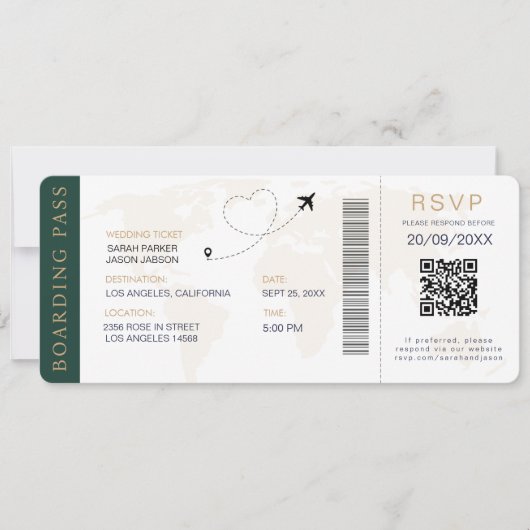 Boarding Pass Destination Wedding QR-code RSVP Kaart (Voorkant)