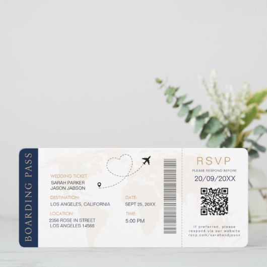 Boarding Pass Destination Wedding QR-code RSVP Kaart (Staand voorkant)